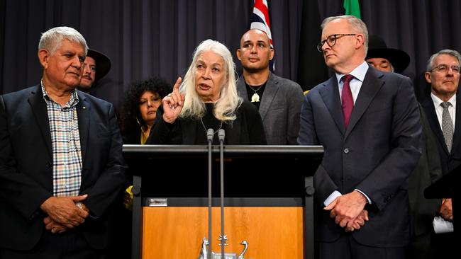 First Nations Referendum Working Group member Marcia Langton speaks at Parliament House next to Prime Minister Anthony Albanese.