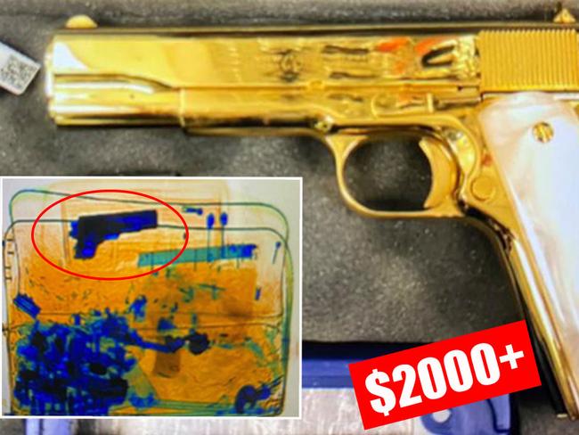 The golden gun (main picture) worth more than $2000, was detected in the woman's hand luggage as it was scanned (inset).Pictures: Supplied
