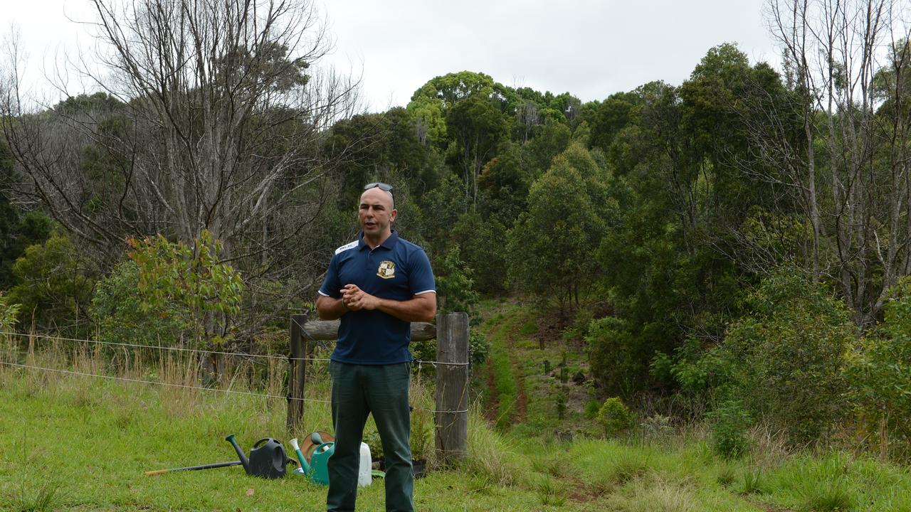 Mullumbimby High School teacher Max Binkley speaks to students at his property as part of the new project, Trees for Koalas - Connecting Communities. The project is aimed at increasing the number of koala food trees on private properties within the Byron Shire. The group toured a Binna Burra property on Tuesday, October 27, before planting 400 new koala food trees to build upon existing plantation works. Picture: Liana Boss