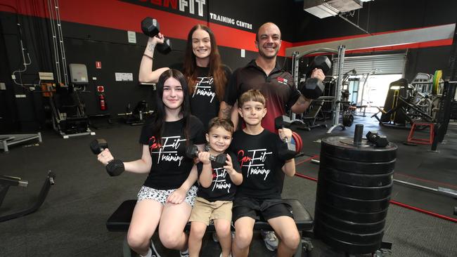 Ormeau's Genfit took out first place in the Gold Coast Bulletin's best gym competition for the fifth year. Jessica and Michael Kassouh with children Laila 15, Roman 4, and Jay 12 at the gym. Picture: Glenn Hampson