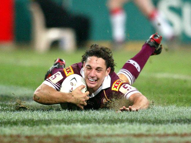 ... Slater then regathered to score one of the great Origin tries. Picture: Brett Costello