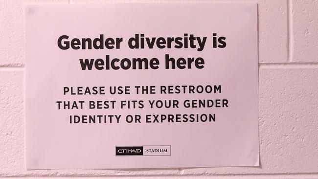 Gender Diversity sign on toilet doors at Etihad Stadium. Pic: Michael Klein