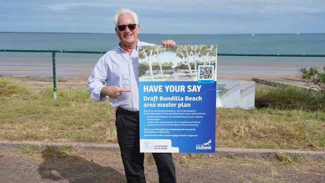 Darwin mayor Kon Vatskalis last year with the Bundilla Beach master plan draft. Picture: Supplied