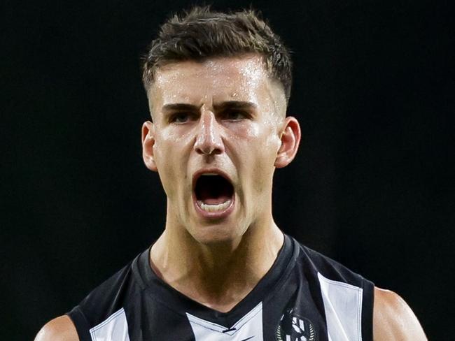 GOLD COAST, AUSTRALIA - JUNE 29: Nick Daicos of the Magpies celebrates a goal during the 2024 AFL Round 16 match between the Gold Coast SUNS and the Collingwood Magpies at People First Stadium on June 29, 2024 in Gold Coast, Australia. (Photo by Russell Freeman/AFL Photos via Getty Images)