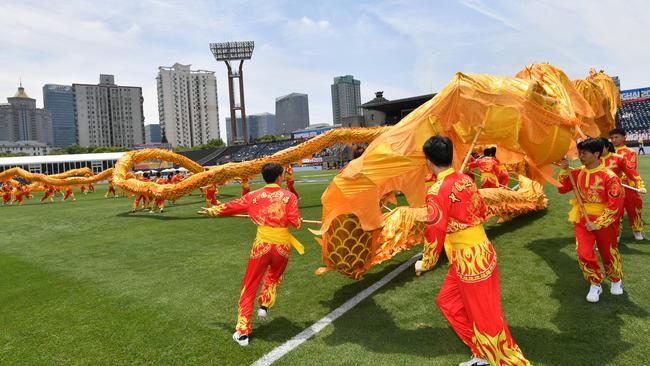 Chinese performers before the St Kilda and Port Adelaide clash. Picture: AAP Image