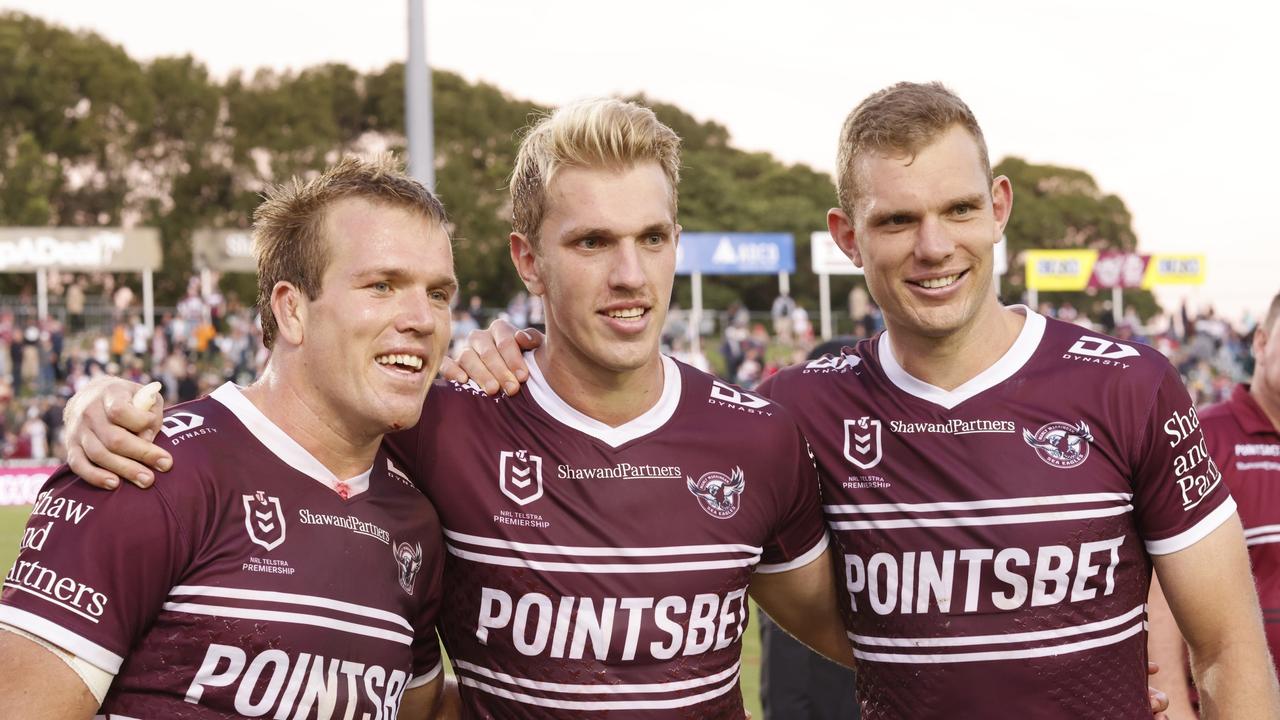 Neither Manly camp wants to upset the Trbojevic brothers (L-R) Jake, Ben and Tom. Picture: Mark Evans/Getty Images