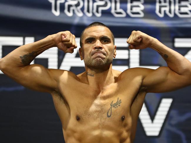 MELBOURNE, AUSTRALIA - MARCH 11: Anthony Mundine poses during the weight in during a press conference at Melbourne Pavillion on March 11, 2021 in Melbourne, Australia. (Photo by Mike Owen/Getty Images)