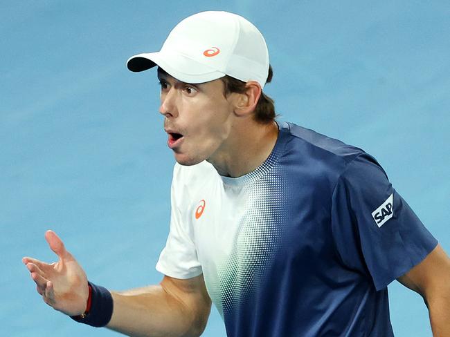 MELBOURNE, JANUARY 22, 2025: 2025 Australian Open Tennis, day eleven. Alex de Minaur (AUS) in action against Jannik Sinner (ITA) during their quarterfinal singles match on Rod Laver Arena. Picture: Mark Stewart