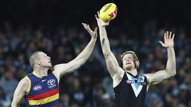 Matthew Lobbe, right, has been traded to Carlton from Port Adelaide. Picture Sarah Reed