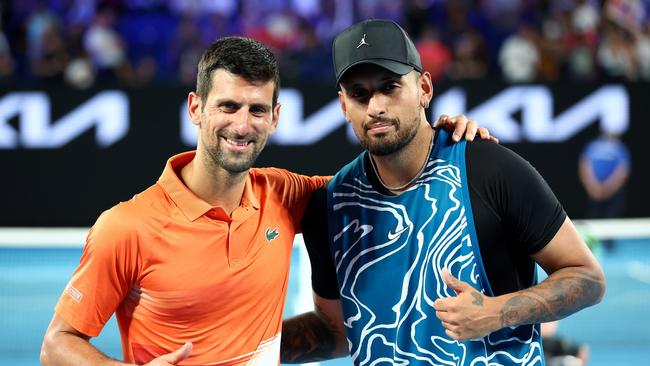 Djokovic and Nick Kyrgios come together after the charity match. Picture: Getty