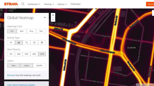 STRAVA app heatmap showing cyclist routes through Albion. The brighter the line, the more cyclists using the route. BCC lists Strava in their cycling strategy as being a good tool to work out what routes cyclists are using.