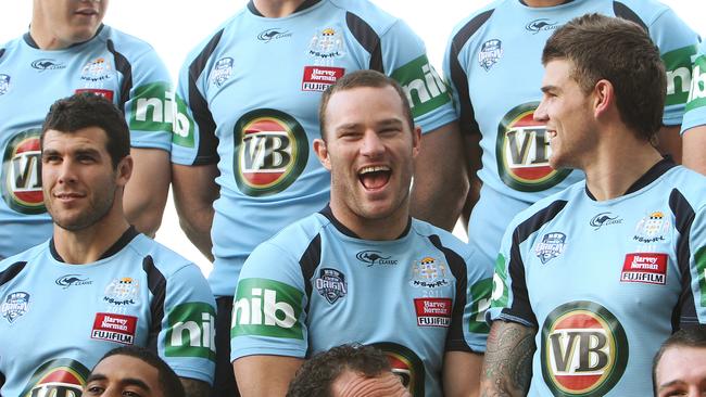 Dean Young (C) has a laugh with Blues teammates during NSW State of Origin team photo shoot at the Crowne Plaza Hotel, Coogee in Sydney ahead of Game One of series against Queensland in Brisbane.