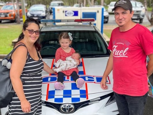 The Pedler family recently returned to the Deception Bay Police Station to thank the officers who helped bring their son safely into the world. Picture: Queensland Police