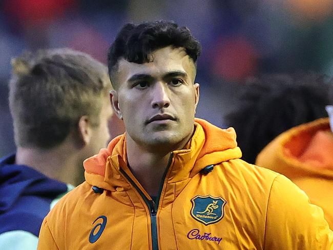 EDINBURGH, SCOTLAND - NOVEMBER 24:  Joseph-Aukuso Suaalii of Australia looks dejected after their defeat during the Autumn Nations Series 2024 match between Scotland and Australia at Scottish Gas Murrayfield on November 24, 2024 in Edinburgh, Scotland. (Photo by David Rogers/Getty Images)