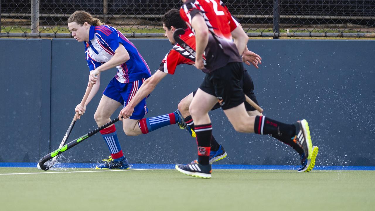 Hamish Speed (left) for Rangeville against Past High in J1 boys grand final hockey at Clyde Park, Saturday, September 10, 2022. Picture: Kevin Farmer