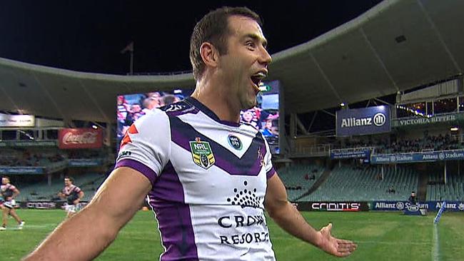 Cam Smith celebrates after nailing a sideline conversion despite slipping over.