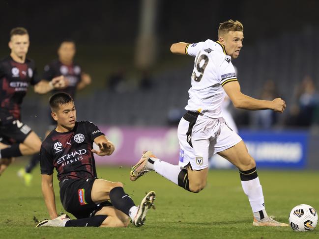 SYDNEY, AUSTRALIA - APRIL 24: Michael Ruhs of Macarthur FC scores a goal during the A-League match between Macarthur FC and Melbourne City at Campbelltown Stadium, on April 24, 2021, in Sydney, Australia. (Photo by Mark Evans/Getty Images)