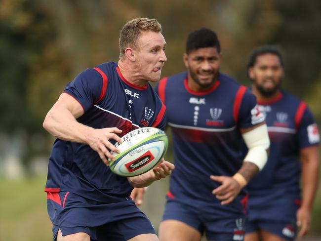 MELBOURNE, AUSTRALIA - MAY 08:  Reece Hodge of the Rebels runs with the ball during a Melbourne Rebels Super Rugby training session at Gosch's Paddock on May 8, 2018 in Melbourne, Australia.  (Photo by Scott Barbour/Getty Images)