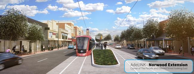 An artist’s impression of the scrapped plan to extend Adelaide’s tram network down The Parade, Norwood.