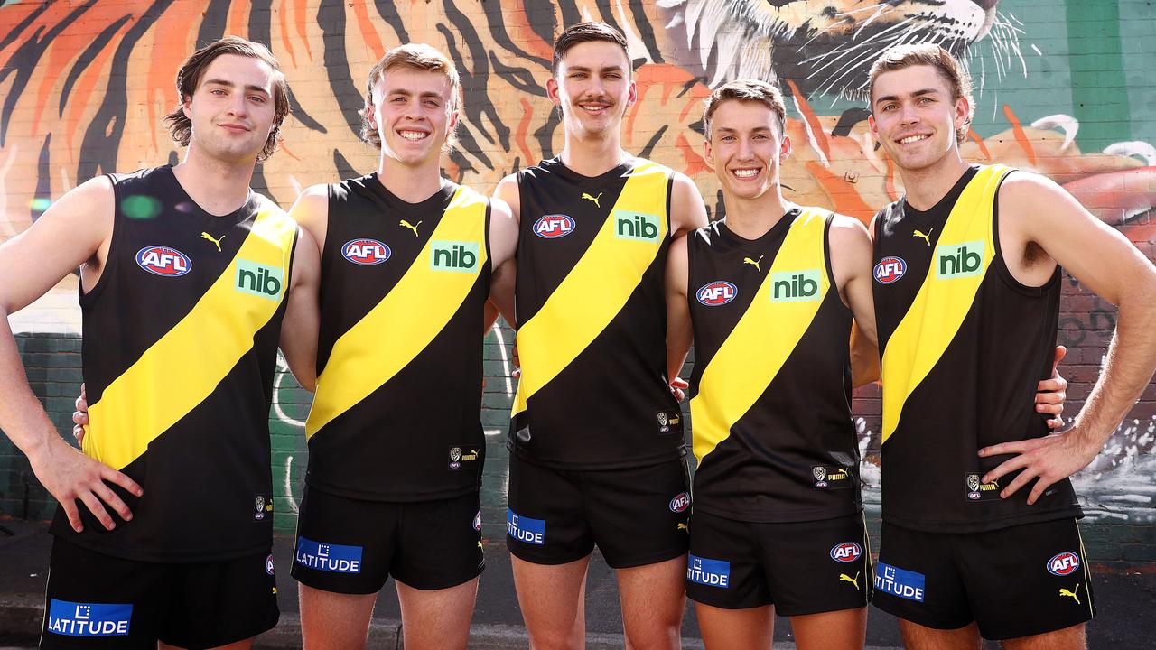 Tiger cubs Tyler Sonsie, Tom Brown, Josh Gibcus, Judson Clarke and Sam Banks. Picture: Michael Klein.