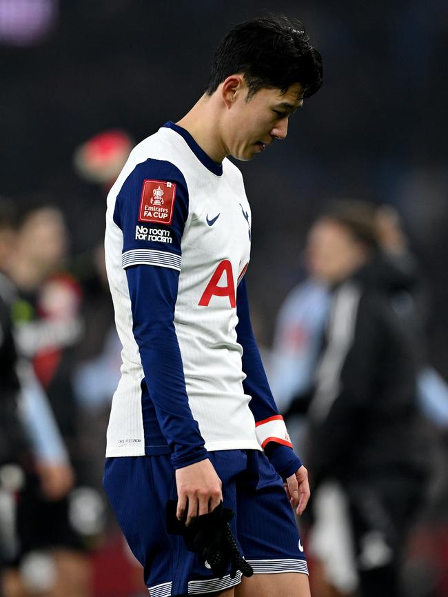 Son Heung-Min of Tottenham Hotspur appears dejected. Photo by Shaun Botterill/Getty Images.