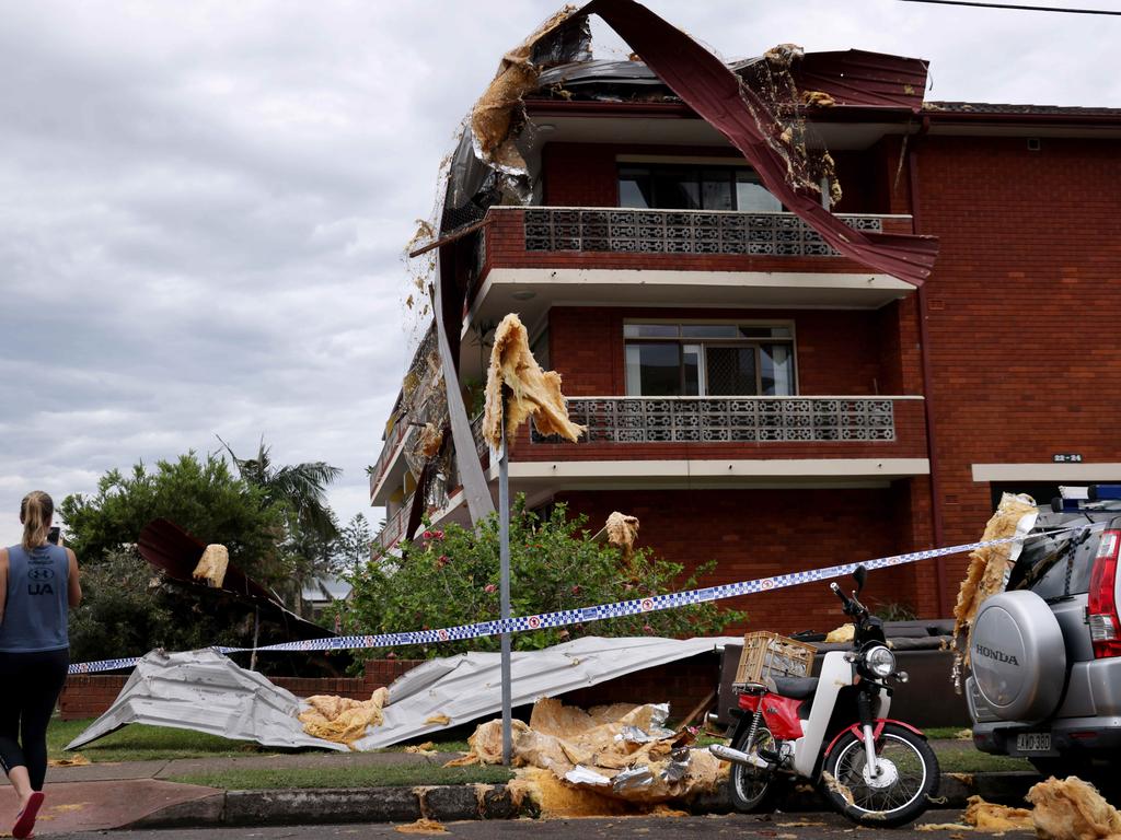 A storm damaged roof that flew off a roof and landed on this apartment block near Pacific Parade at Dee Why Beach after a short wild windy storm ripped through the Northern Beaches. Picture: Damian Shaw