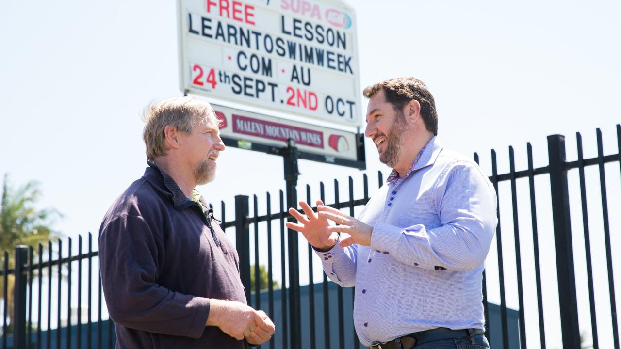 Member for Glasshouse Andrew Powell with Division 5 councillor Winston Johnston outside Maleny Pool.