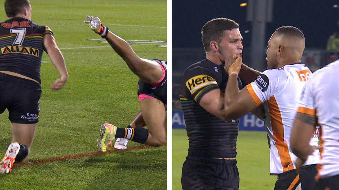 Nathan Cleary and Moses Mbye had a scuffle over a stray kick.