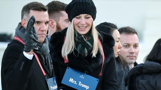 Master Sergeant Matthew Nall and Gunnery Sergeant Cecilia Kozlowski stand in for President-elect Donald Trump and Melania Trump during rehearsals for inauguration in Washington DC. Picture: Getty Images via AFP