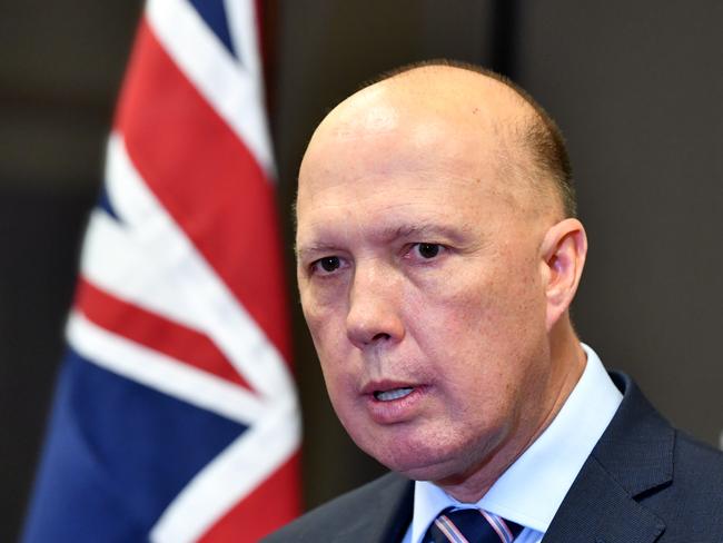 Minister for Home Affairs Peter Dutton is seen during a press conference in Brisbane, Thursday, August 8, 2019. Mr Dutton announced the appointment of Mike Burgess as the new director-general of the Australian Security Intelligence Organisation (ASIO). (AAP Image/Darren England) NO ARCHIVING