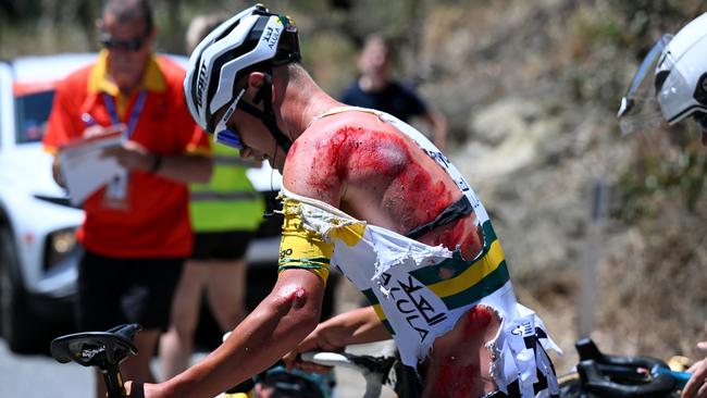 Luke Plapp of Australia and Team Jayco AlUla injury after being involved in a crash (Photo by Tim de Waele/Getty Images)