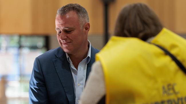 Liberal candidate for Goldstein Tim Wilson said he is feeling “very relaxed” and urged scrutineers to “knock out informal votes”. Picture: NewsWire/ Nadir Kinani