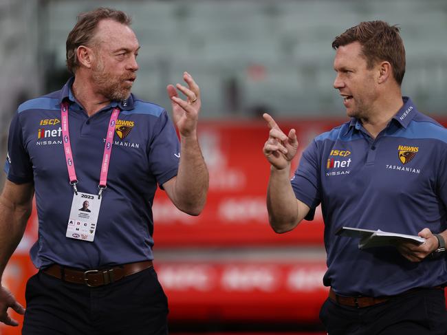 Adrian Hickmott and Sam Mitchell have a connection with Barrass from their time at West Coast. Picture: Michael Klein