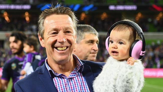 Craig Bellamy with Will Chambers’ daughter Kiera. Picture: Quinn Rooney/Getty Images