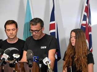 Missing Belgium backpacker Theo Hayez's father Laurent Hayez talks at a press conference at Tweed Heads flanked by Theo's godfather Jean-Phillippe Pector and Theo's cousin Lisa Hayez. Picture: Marc Stapelberg