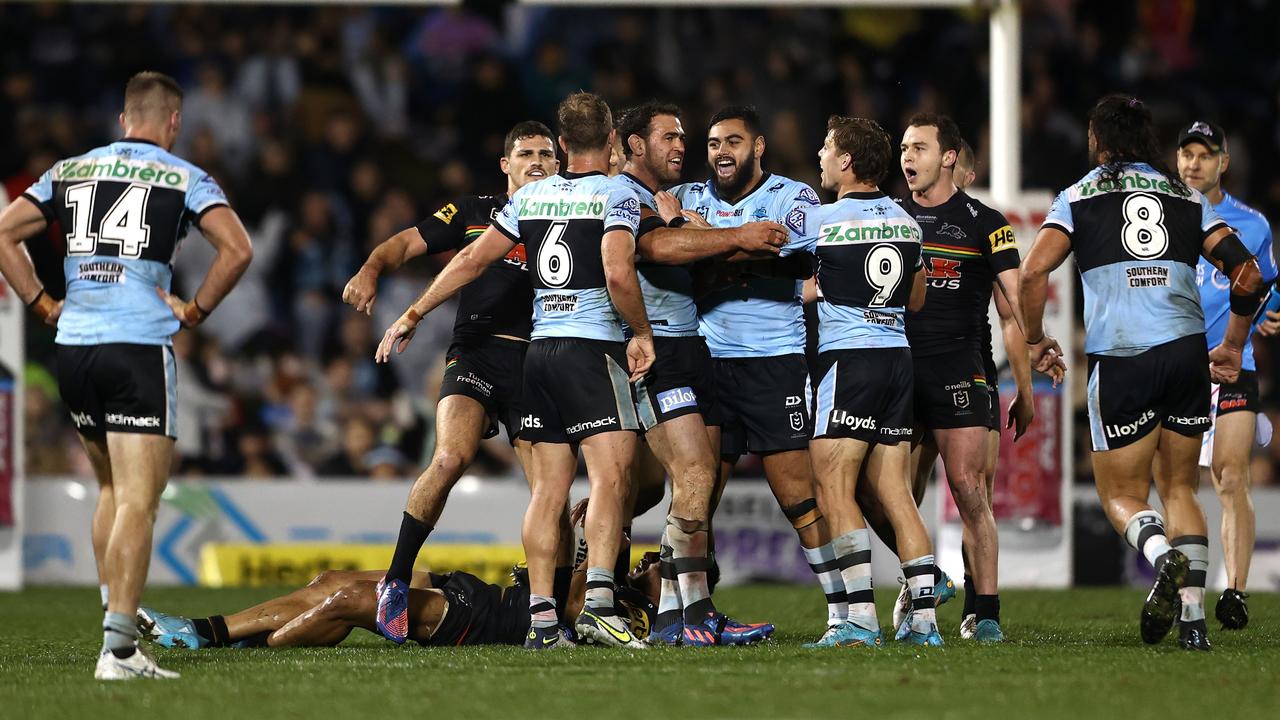 Dale Finucane’s tackle on Stephen Crichton sparked some push and shove between players. Picture: Matt Blyth/Getty Images