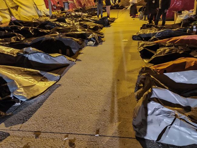 Body bags outside the state hospital of Hatay. Picture: AFP