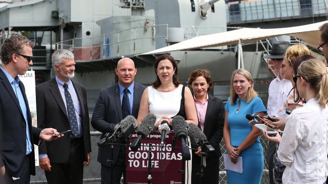 Premier Annastacia Palaszczuk with Deputy Premier Jackie Trad, Treasurer Curtis Pitt and Tourism Minister Kate Jones at a media conference. Picture: Annette Dew