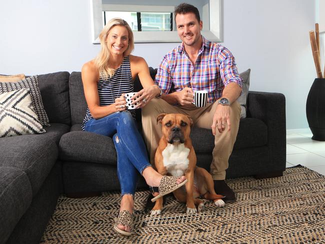 Geitz with husband Mark Gilbride at home with dog Charlie. Picture:Tim Marsden