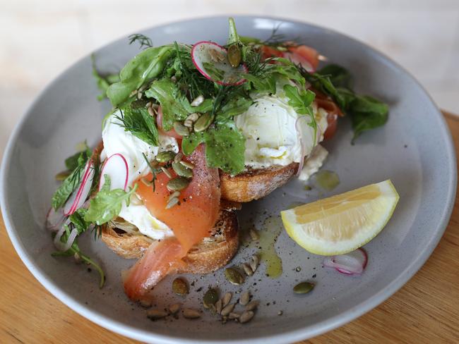 18.3.2019. Kangaroo Island food stories. Dishes from Cactus Cafe,Kingscote. Cold smoked salmon and KI poached free range eggs served with horseradish cream and rocket and pepita salad on sour dough toast.  PIC TAIT SCHMAAL.