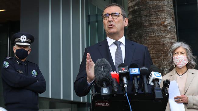 State co-ordinator Police Commissioner Grant Stevens, Premier Steven Marshall and chief public health officer Nicola Spurrier. Picture: Dean Martin