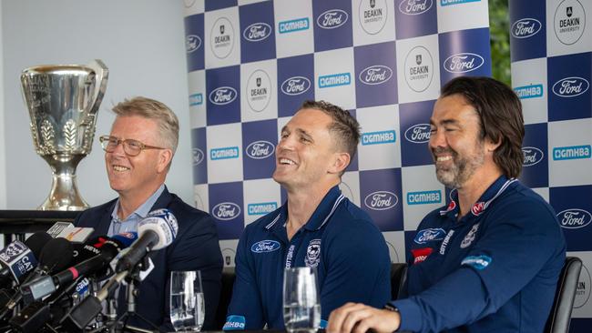 Joel Selwood announces retirement at GMHBA stadium along with wife Brit, Coach Chris Scott. Picture: Jason Edwards