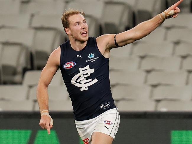 MELBOURNE, AUSTRALIA - JULY 18: Harry McKay of the Blues celebrates a goal during the 2021 AFL Round 18 match between the Collingwood Magpies and the Carlton Blues at the Melbourne Cricket Ground on July 18, 2021 in Melbourne, Australia. (Photo by Michael Willson/AFL Photos via Getty Images)