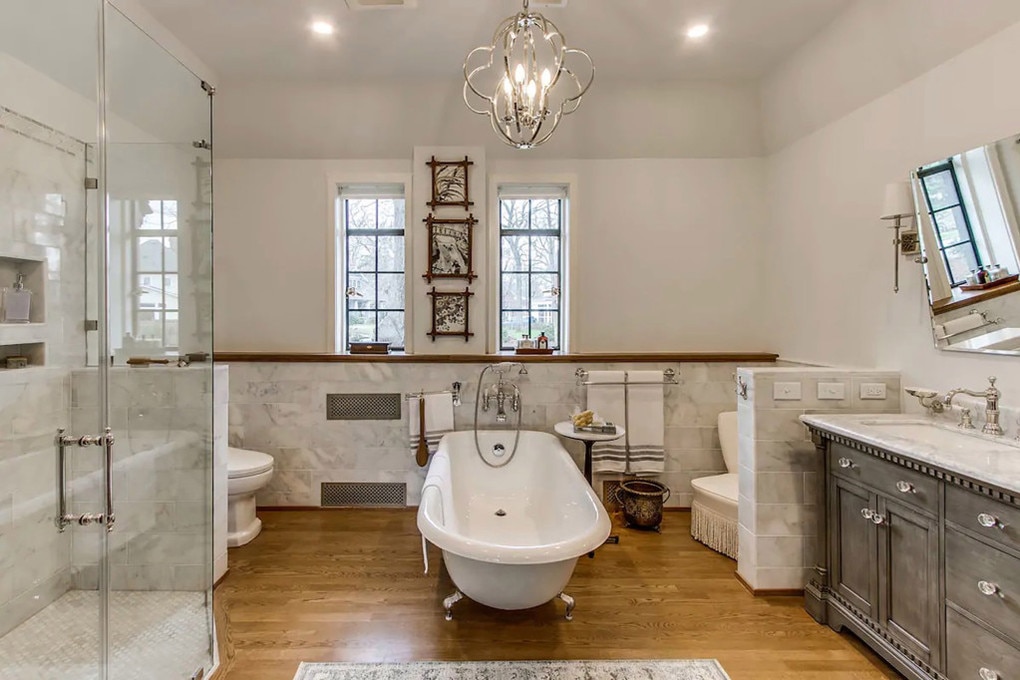 This luxurious bathroom has a stand-alone tub for soaking. Picture: Airbnb