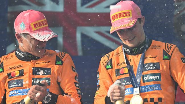 McLaren's Miama Grand Prix winner Oscar Piastri, right, joined by teammate and second-placed finisher Lando Norris on the podium in Florida last week Picture: AFP