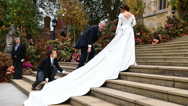 Princess Eugenie wanted a low-back dress to show off her scoliosis scar and help break down taboos. Picture: Victoria Jones/Getty