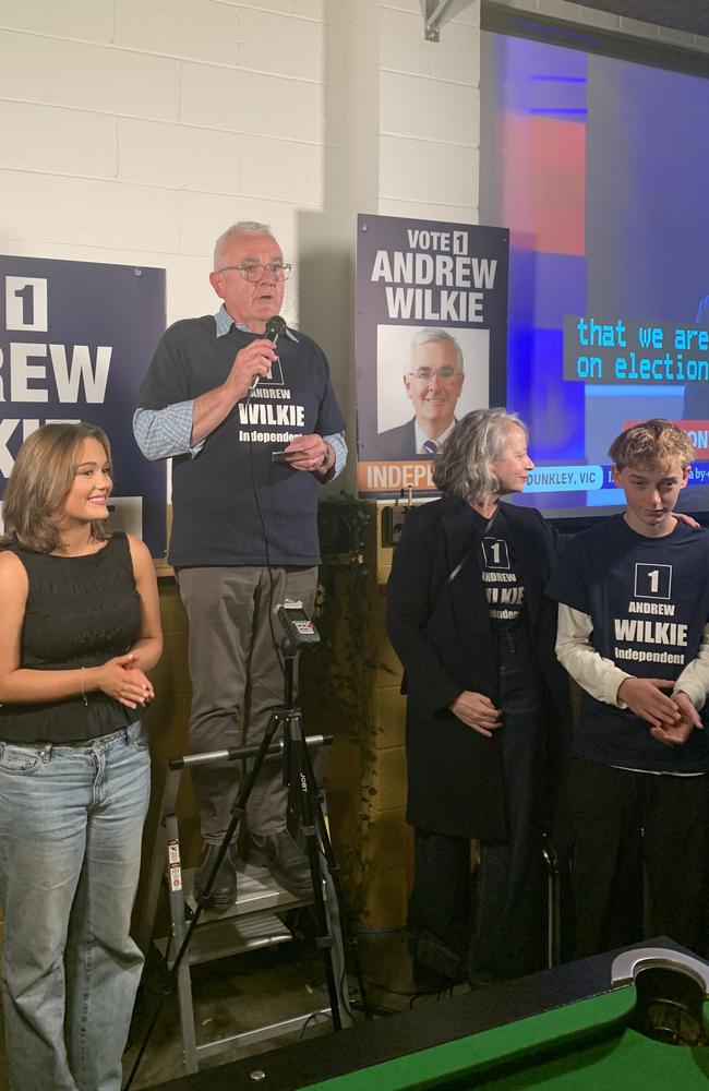 Clark Independent Andrew Wilkie celebrates holding onto the Tasmanian seat at the 2025 federal election. Picture: Duncan Abey