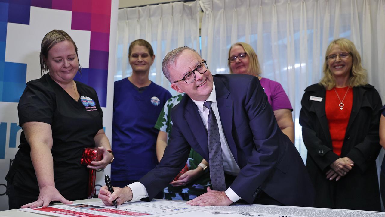 Mr Albanese meeting with nurses at pre polling booths in the seat of Lilley. Picture: Sam Ruttyn