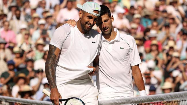 Nick Kyrgios and Novak Djokovic at the Wimbledon final. Picture: Getty Images