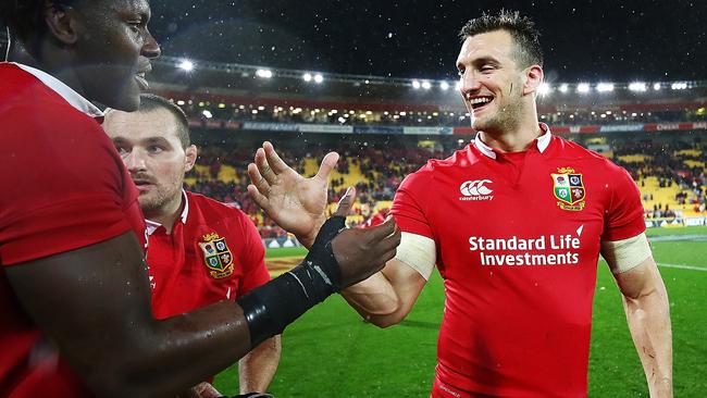 Maro Itoje of the Lions celebrates with Sam Warburton after the second Test.